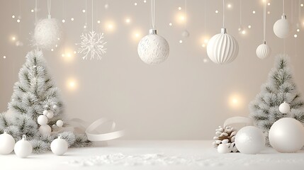 Christmas white setup with 3d ball decorations and ribbon