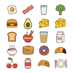 Cute Food Icon Set | Breakfast, Snacks, and Drink Vector Illustration