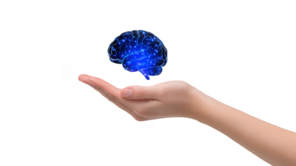 Hand holding glowing digital brain, symbolizing artificial intelligence, innovation, technology, and creativity, with futuristic and scientific concept on transparent background