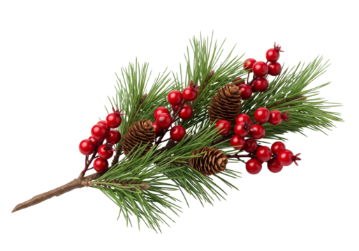 Christmas tree branch with red berries and cones isolated on white or transparent background