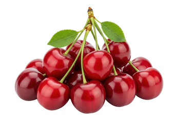 Pile of ripe red cherries with green leaves isolated PNG, fresh summer fruit on transparent background for healthy eating and dessert concepts