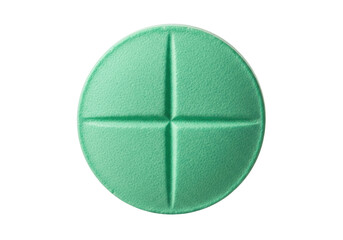 Green round pill isolated PNG on transparent background, tablet with cross shape for medical and pharmaceutical use, painkiller or vitamin