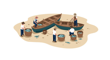 Fishermen on sandy beach with boats and fish baskets in isometric style