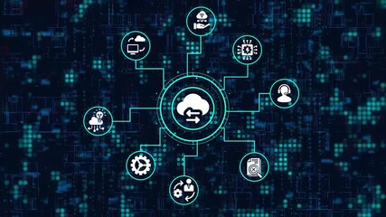 Cloud computing concept with icons of data storage, network security, and online services connected to a central hub on a digital background - Powered by Adobe