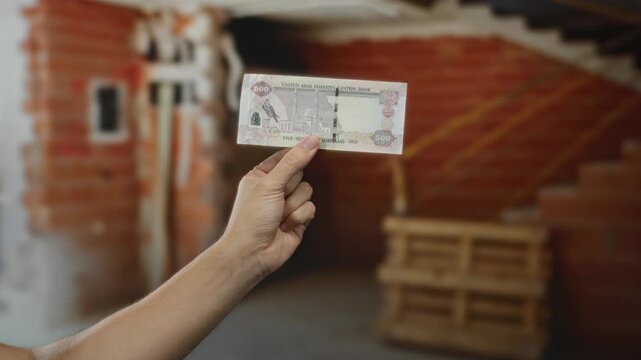 Man holding united arab emirates dirham indoors at construction site, highlighting currency and economic concept.