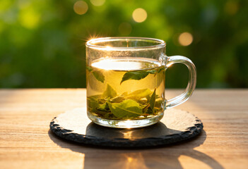 A clear glass mug filled with green tea and leaves on a black coaster on a wooden table top