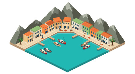 Naklejka premium Coastal village with colorful houses and boats in isometric style