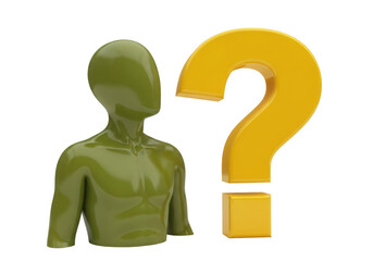 Olive green faceless mannequin with yellow question mark isolated PNG, conceptual 3D render for uncertainty and decision making