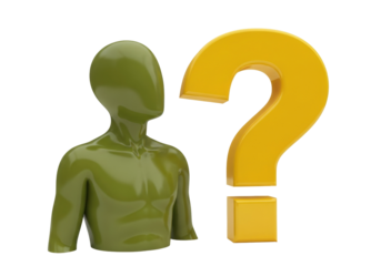 Olive green faceless mannequin with yellow question mark isolated PNG, conceptual 3D render for uncertainty and decision making