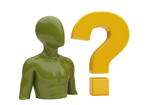 Olive green faceless mannequin with yellow question mark isolated PNG, conceptual 3D render for uncertainty and decision making