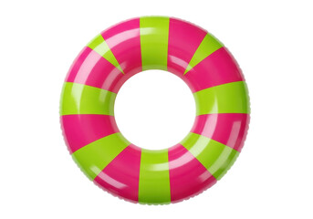 Pink and green striped inflatable swim ring PNG isolated, summer pool float for kids and adults on transparent background