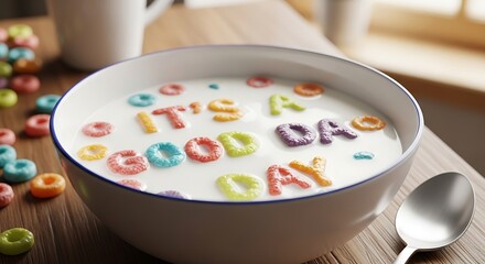 Brightly colored letter cereals spell out 'it's a good day' in milk