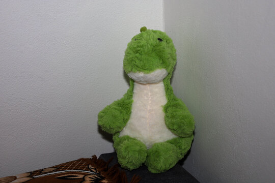 This shot features a soft dinosaur toy in a vibrant green color, sitting in the corner of two light-colored walls, creating a minimalist background.
