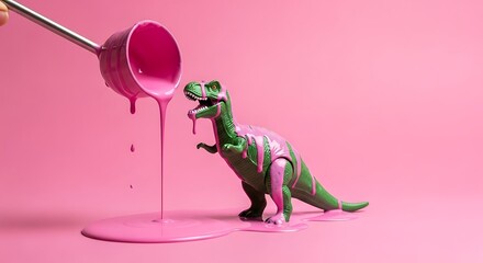 Dinosaur toy covered in pink paint dripping from scoop on pink background
