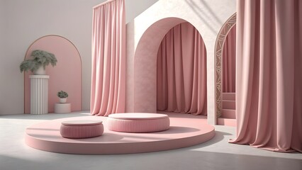 Pink Product Podium Pastel Curtains Abstract 3D Render