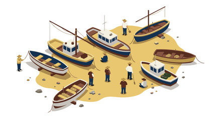Isometric beach scene with boats and people on sandy shore
