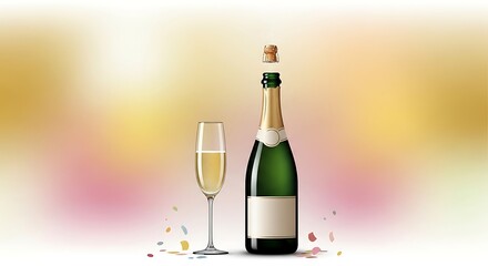 Champagne bottle with cork popped and glass of bubbly, festive celebration background