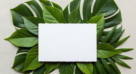 Green tropical leaves framing blank card on textured background. 