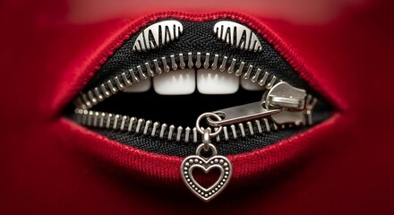Close-up of a red mouth with a zipper and heart charm, lips sealed