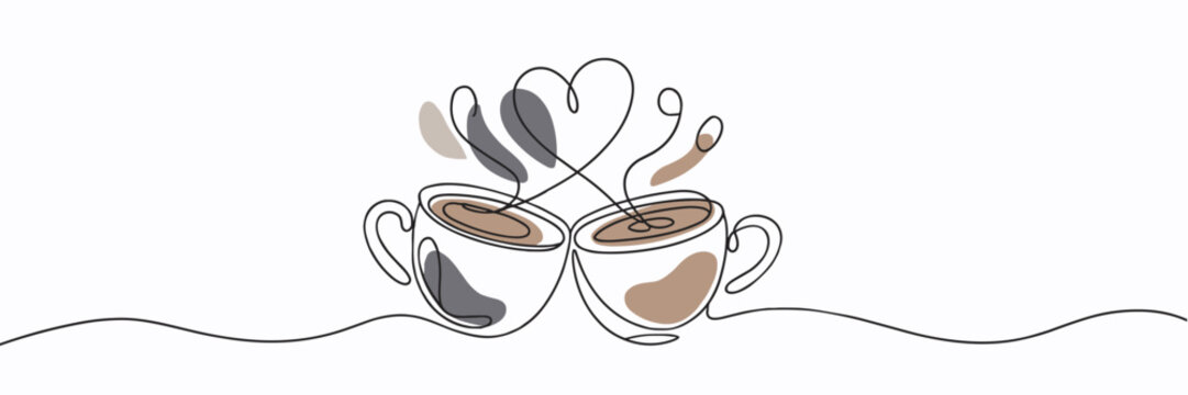 Two coffee cups with heart steam in minimalist line art with color accents, coffee cups with heart single line drawing with color accents on white background