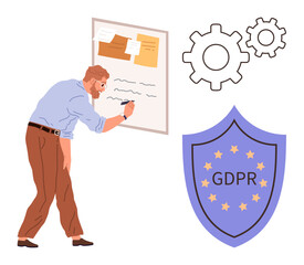 Man writing on board filled with notes, accompanied by GDPR shield and gears. Ideal for data protection, privacy rules, compliance, planning, cybersecurity, process optimization, simple flat metaphor