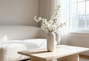 A white vase filled with white blossoms on a light wooden table in a bright living room area