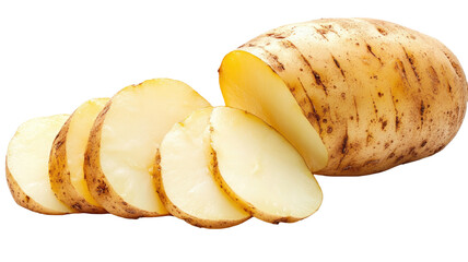 Sliced potato with yellow texture showing fresh raw vegetable and natural food ingredient used for cooking isolated on white background