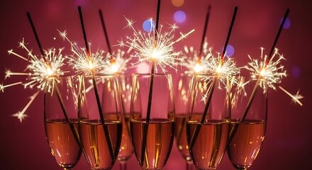 Sparkling champagne glasses with sparklers for celebration and holidays