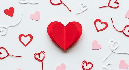 Various heart shapes and strings scattered on a white background