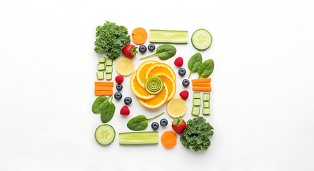 Fresh fruits and vegetables arranged in a decorative pattern on white