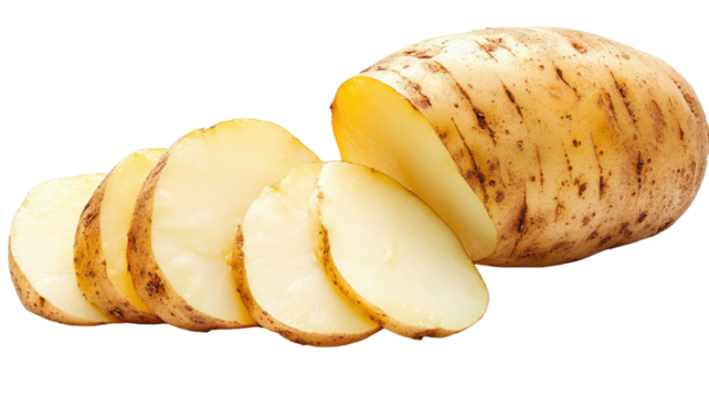 Sliced potato with yellow texture showing fresh raw vegetable and natural food ingredient used for cooking isolated on white background