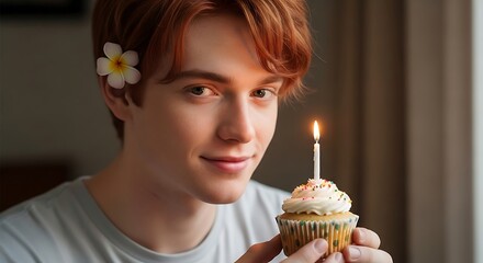 Young man with ginger hair holding birthday cupcake with lit candle