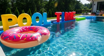 Inflatable pool toys spelling 'pool time' float in clear blue water.