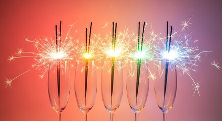 Sparkling festive celebration with champagne glasses and colorful fireworks
