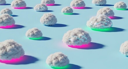Digital circuitry emerging from fluffy cloud shapes with neon glow