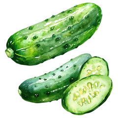 A Watercolor painting of cucumber slices, delicately hand-painted with artistic brush strokes, minimal layout, white background, vector EPS. vector illustration