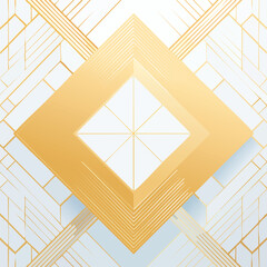 Golden Geometric Diamond Emblem With Intersecting Lines And Faceted Squares On Blue Background