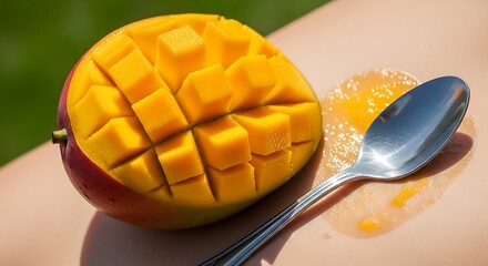 Half cut fresh mango diced with cubes and a spoon with pulp beside it
