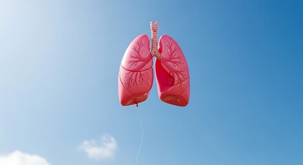 Pink inflatable lungs balloon floating in the bright blue sky with clouds
