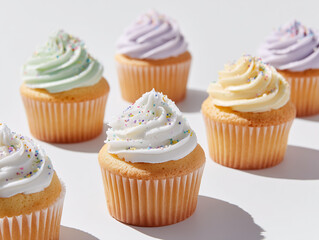 Assorted cupcakes with colorful frosting and sprinkles on white background  