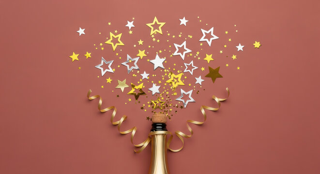 Golden champagne bottle with stars and ribbons bursting out against a red background, symbolizing festive joy of Christmas and New Year.