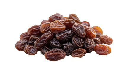 Dried brown raisin with wrinkled texture showing sweet dried fruit and natural healthy snack food isolated on white background