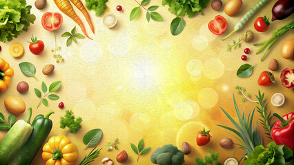 Fresh vegetables arranged in a circle on a glowing yellow background. Ideal for healthy food, organic products, nutrition, or vegetarian cooking concepts.. Carrots, peppers, tomatoes, broccoli, nuts, 