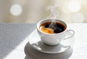 A close up of a white cup of coffee with steam rising from it on a white saucer and table