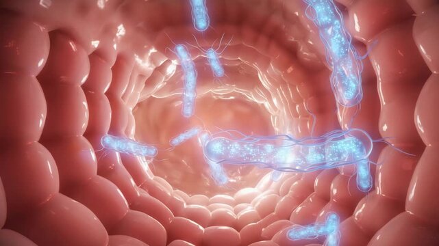 Microscopic view inside a body with bacteria floating around in a pinkish and reddish environment