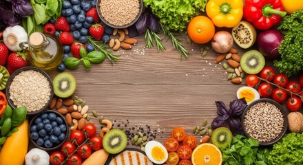 A vibrant assortment of fresh, healthy fruits, vegetables, nuts, and seeds arranged in a circular frame on a rustic wooden background, showcasing a balanced diet
