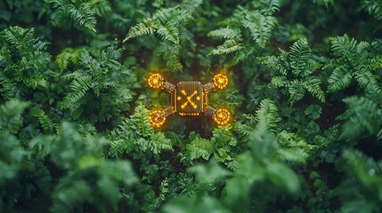Drone concealed in lush green ferns.