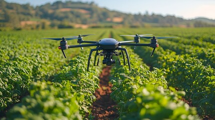 Drone flying over a green field.