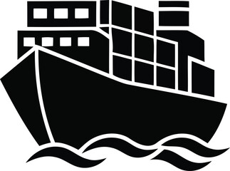 Cargo ship icon with stacked containers sailing on ocean waves in dark silhouette.