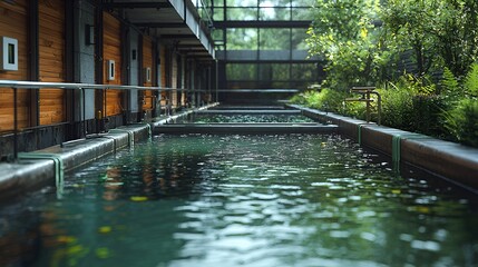 Modern indoor aquaculture system with multiple fish tanks and lush greenery.